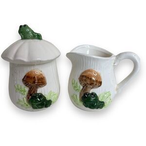 Vintage 1970s Mushroom Frogs Lidded Sugar Creamer Mid Century Ceramic Nostalgic